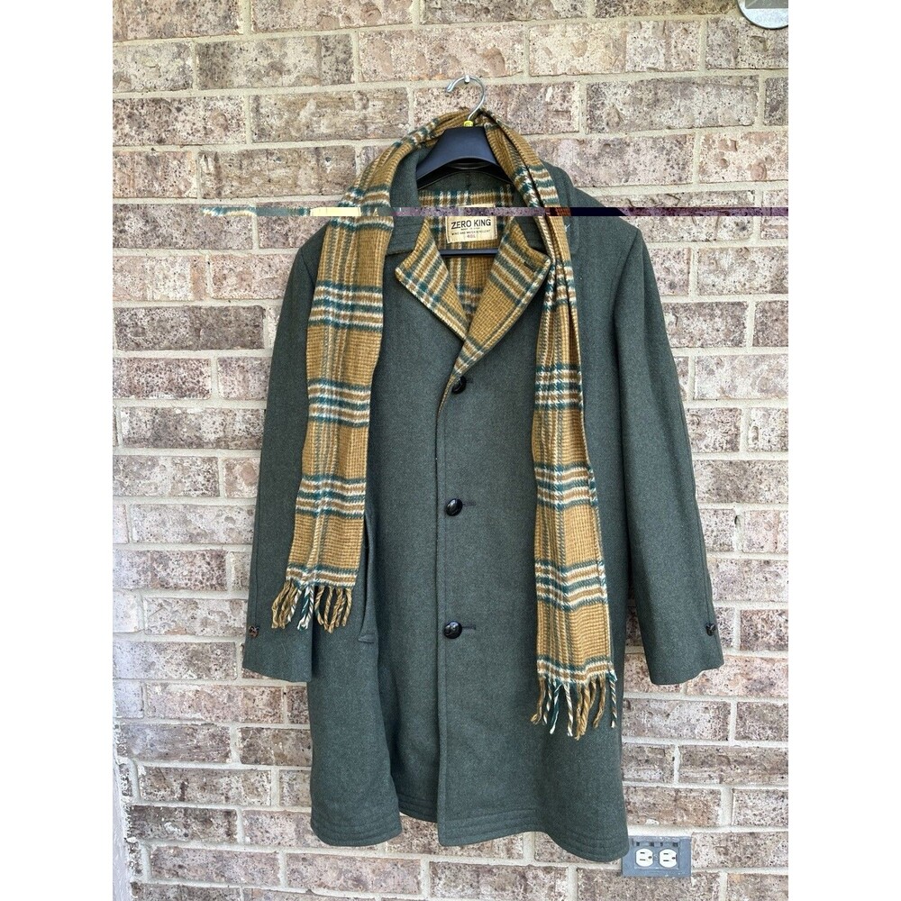 Vintage Zero King Marshall Field Wool Coat Overcoat Scarf Green Plaid Men's 40L
